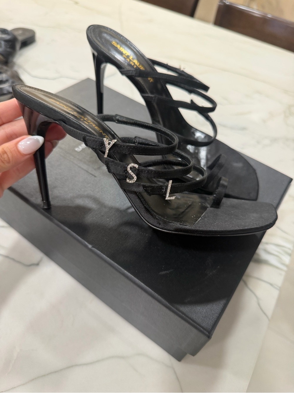 Saint Laurent Black Strappy Stiletto Sandals with Crystal YSL Accents